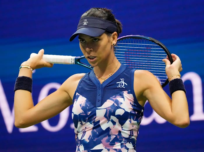 Ajla Tomljanovic reacts during the 2022 U.S. Open tennis tournament.